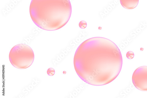 Glowing pink liquid bubbles or fluid jelly droplets isolated on  transparent background. Aesthetic composition for cosmetology presentation, beauty science, skin care molecular concept.