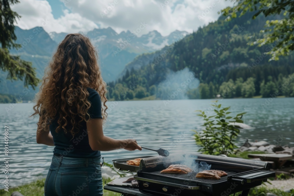 A woman with long curly hair grilling food by a lake with mountains in the background. A woman with long curly hair grilling food by a lake with mountains in the background.