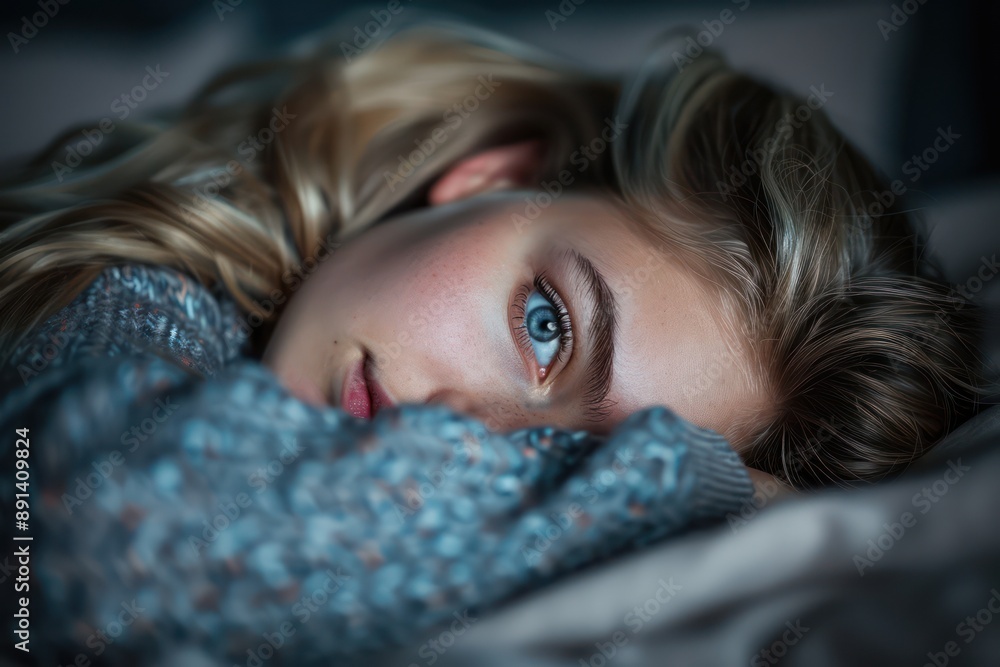 Woman Resting in Bed with a Look of Melancholy, Reflecting on Emotional Struggle and Inner Turmoil, A Powerful Image Capturing the Complexities of Human Emotion Woman Resting in Bed with a Look of Melancholy, Reflecting on Emotional Struggle and Inner Turmoil, A Powerful Image Capturing the Complexities of Human Emotion