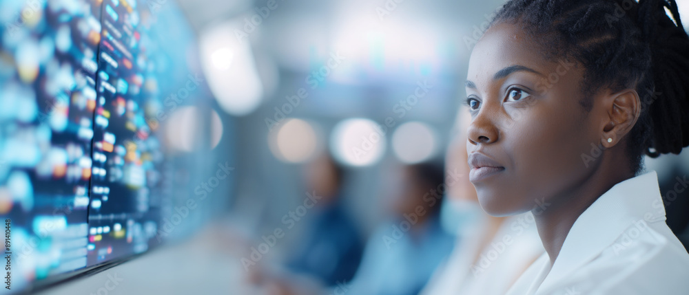 Focused woman analyzing data on a large screen in a modern office. Room features advanced technology and futuristic design. Focused woman analyzing data on a large screen in a modern office. Room features advanced technology and futuristic design.