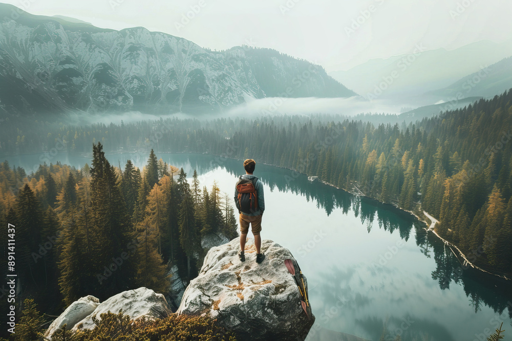 A person with a backpack stands on a rock overlooking a serene lake surrounded by dense forest and mountains. The scene is misty and tranquil, capturing the essence of adventure and nature. A person with a backpack stands on a rock overlooking a serene lake surrounded by dense forest and mountains. The scene is misty and tranquil, capturing the essence of adventure and nature.