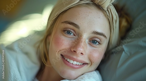 Close-up of a smiling woman with blue eyes and freckles, wearing a headband and lying on a pillow.