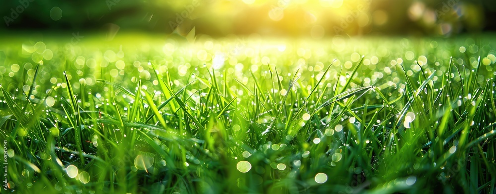 A lush green field of grass with morning dew glistening, fresh and vibrant, perfect for advertising with ample copy space A lush green field of grass with morning dew glistening, fresh and vibrant, perfect for advertising with ample copy space