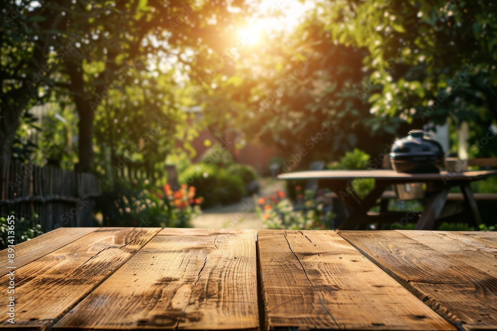 Rustic Wooden Table Surface in a Sunlit Garden Setting - Perfect for Outdoor Gatherings Rustic Wooden Table Surface in a Sunlit Garden Setting - Perfect for Outdoor Gatherings