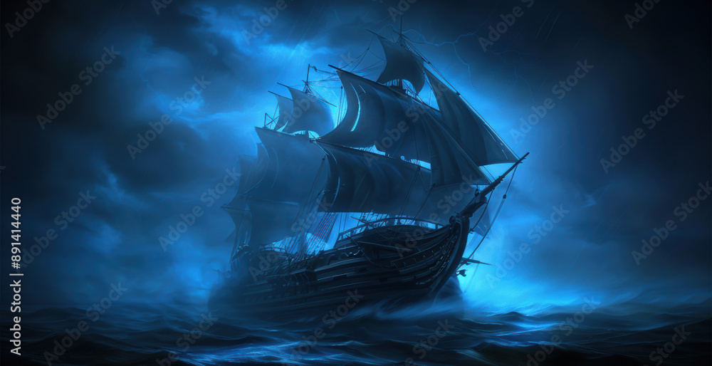 Obraz premium Eerie spectral pirate ship emerging from a misty sea, illuminated by a blue glow, creating a haunting and mysterious atmosphere.