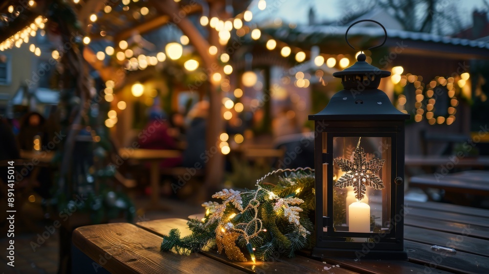 Cozy Outdoor Christmas Market with Festive Lantern and String Lights Cozy Outdoor Christmas Market with Festive Lantern and String Lights