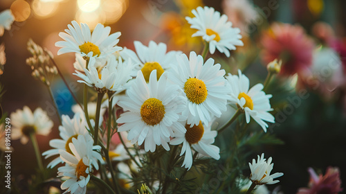 Daisies on a spring meadow at dusk, camomile on natural background - shallow dof, Beautiful wild camomile, outdoors photo