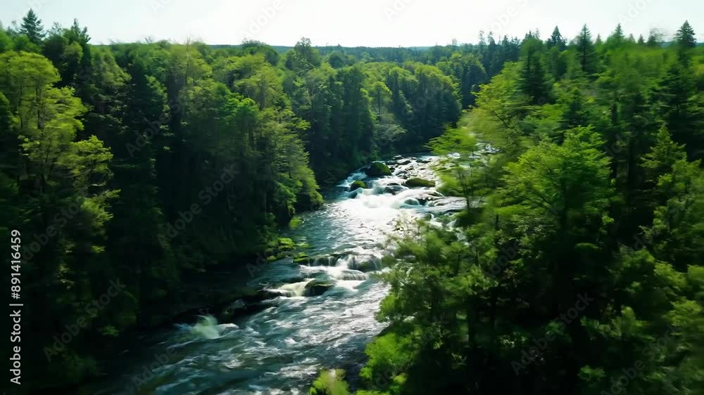 Serene river aerial view showcasing thriving greenery Serene river aerial view showcasing thriving greenery