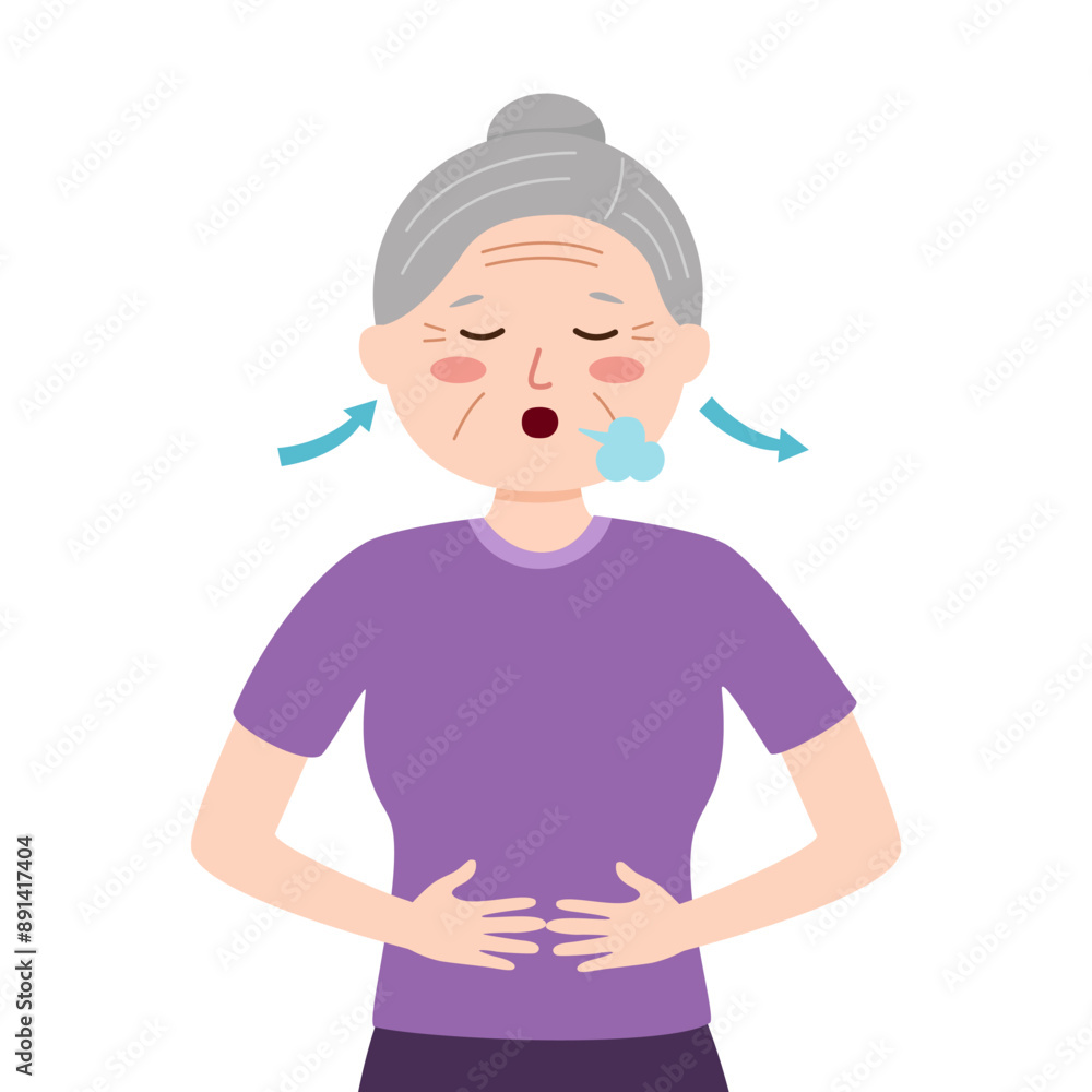 Senior woman taking a deep breath in flat design. Breathing exercise. Senior woman taking a deep breath in flat design. Breathing exercise.