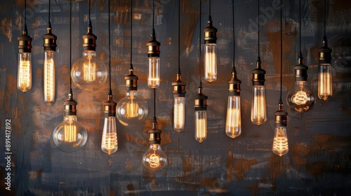 artistic arrangement of vintage edison bulbs suspended at varying heights warm glow creating atmospheric shadows inspirational ambiance photo