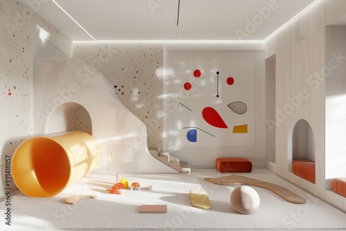 Billede på lærred Modern minimalist playroom interior with slide and toys