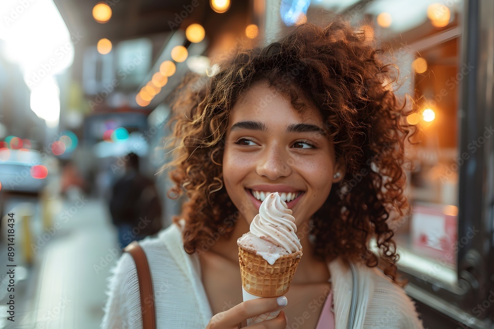 Joyful Moment: A Young Woman Enjoying Ice Cream on a Vibrant City Street Joyful Moment: A Young Woman Enjoying Ice Cream on a Vibrant City Street