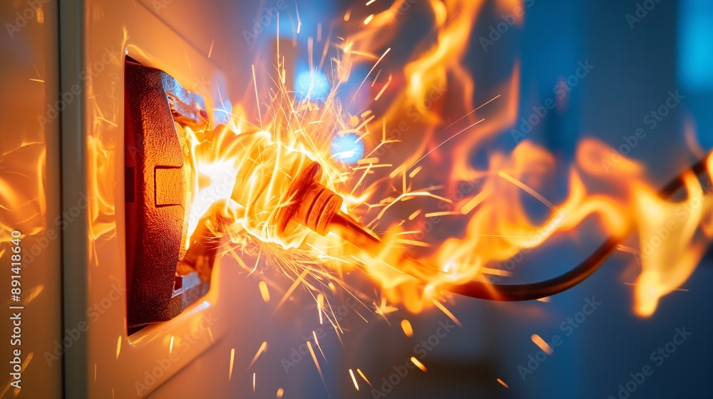 Fototapeta premium A close-up shot of a plug sparking and catching fire in an electrical socket.