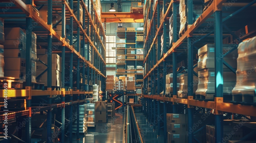 bustling warehouse interior with workers efficiently packing and shipping goods conveyor belts snaking through towering shelves embodying modern logistics and global trade bustling warehouse interior with workers efficiently packing and shipping goods conveyor belts snaking through towering shelves embodying modern logistics and global trade