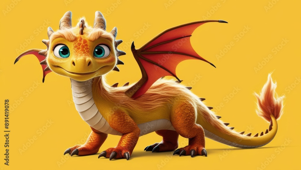 Fototapeta premium Adorable Animated Dragon on Yellow Background