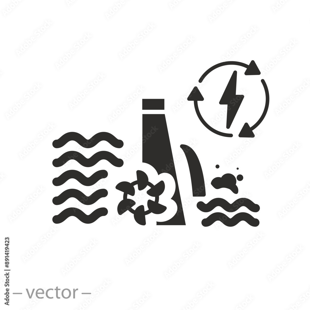 hydroelectric power plant icon, modern hydropower, dam outline, water energy, electricity water turbine, flat vector illustration hydroelectric power plant icon, modern hydropower, dam outline, water energy, electricity water turbine, flat vector illustration