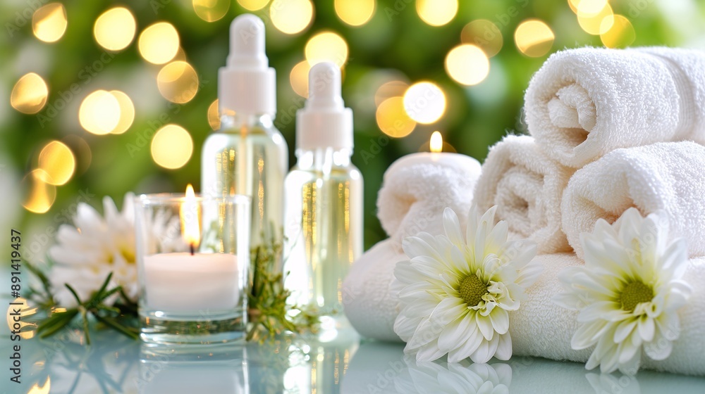 aromatherapy oils, candles, and luxurious towels arranged for a calming experience. aromatherapy oils, candles, and luxurious towels arranged for a calming experience.