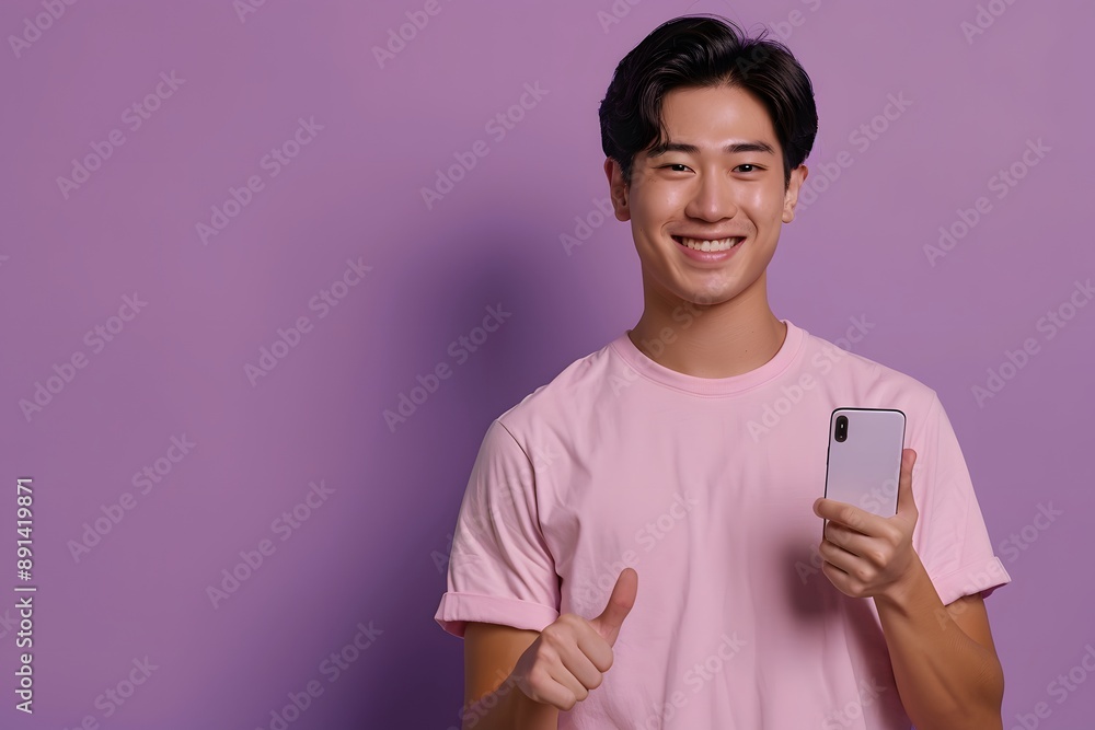 Cheerful Young Man Holding a Smartphone Against a Purple Background Cheerful Young Man Holding a Smartphone Against a Purple Background