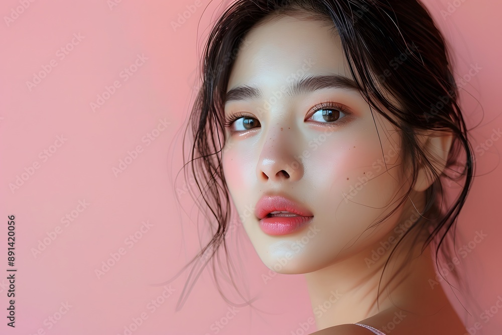 Captivating Portrait of a Young Woman Against a Soft Pink Background Captivating Portrait of a Young Woman Against a Soft Pink Background