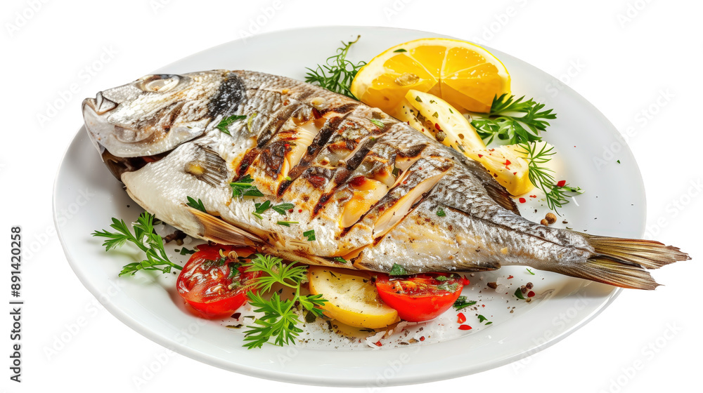 Grilled fish with vegetables on a white plate isolated on transparent background Grilled fish with vegetables on a white plate isolated on transparent background