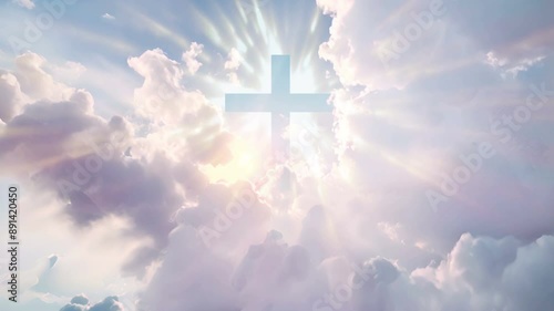 Christian cross appears bright in the sky background dolly camera zoom in video footage