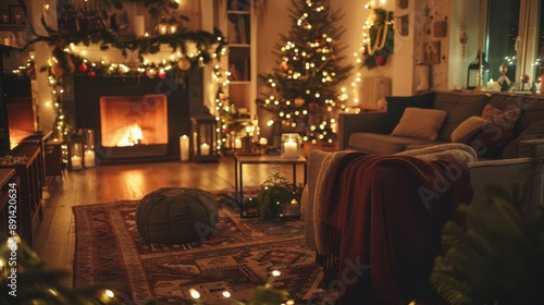 cozy christmas interior warmtoned living room adorned with twinkling lights evergreen garlands and traditional decorations creating an inviting atmosphere for holiday gatherings photo