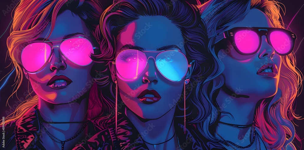 Woman wearing sunglasses, with a vibrant, neon color background. Woman wearing sunglasses, with a vibrant, neon color background.