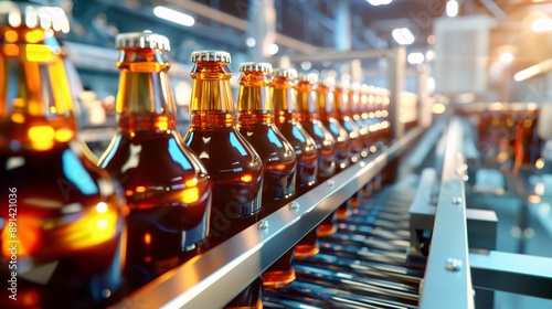 Modern bottling line in a beverage factory.