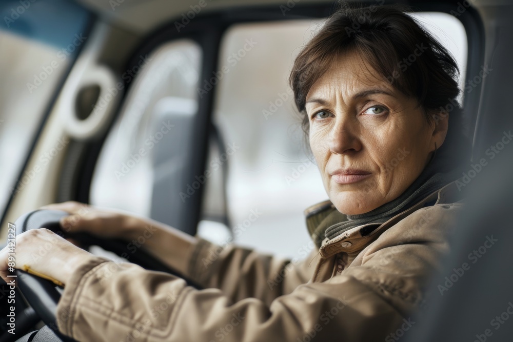 Profile of a middle-aged woman in work clothes driving a truck Image of the transportation and delivery industry, etc.. Beautiful simple AI generated image in 4K, unique. Profile of a middle-aged woman in work clothes driving a truck Image of the transportation and delivery industry, etc.. Beautiful simple AI generated image in 4K, unique.