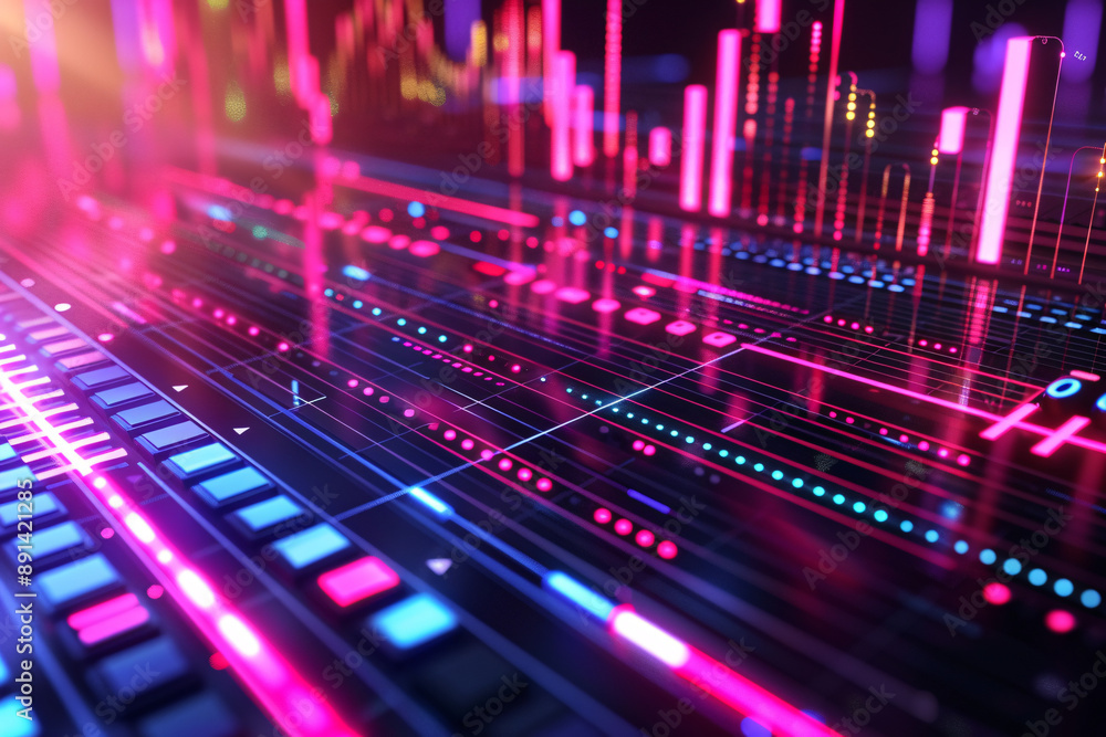 Futuristic data visualization with vibrant pink and blue light streaks and graphs on a dark background Futuristic data visualization with vibrant pink and blue light streaks and graphs on a dark background