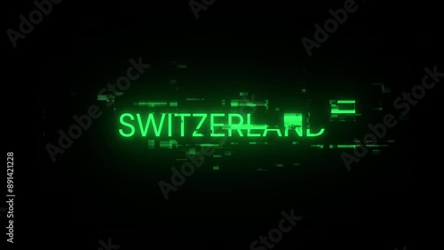 Switzerland text with screen effects of technological failures. Spectacular screen glitch with various kinds of interference. Looped
