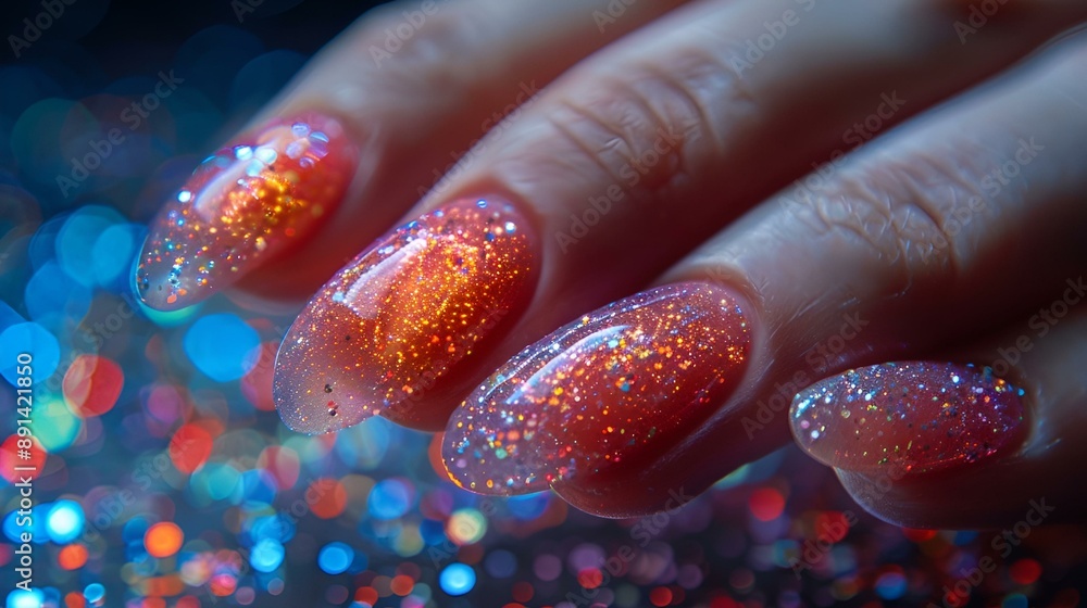 A person's hand with vibrant orange and red nail polish. A person's hand with vibrant orange and red nail polish.
