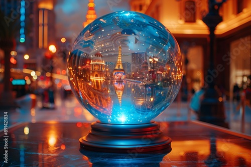 Glass ball reflecting cityscape, capturing urban skyline in miniature form.