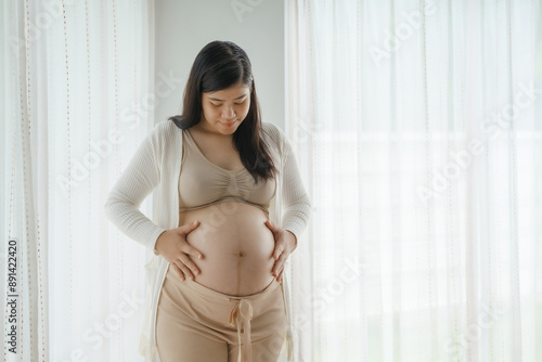 An Asian woman stands while pregnant with her first child, placing her hand on her stomach. She is excited and eagerly waiting for the birth day to meet her baby. Free Download An Asian woman stands while pregnant with her first child, placing her hand on her stomach. She is excited and eagerly waiting for the birth day to meet her baby. - GFXLoad