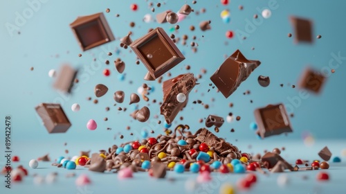 Dynamic Explosion of Chocolate Pieces and Colorful Candies Against Blue Background. Generative ai