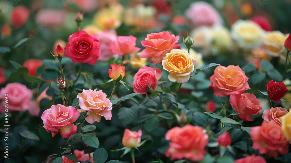 A rose garden in full bloom, various colors of roses creating a stunning display, perfect for advertising with ample copy space A rose garden in full bloom, various colors of roses creating a stunning display, perfect for advertising with ample copy space