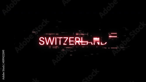 Switzerland text with screen effects of technological failures. Spectacular screen glitch with various kinds of interference. Looped
