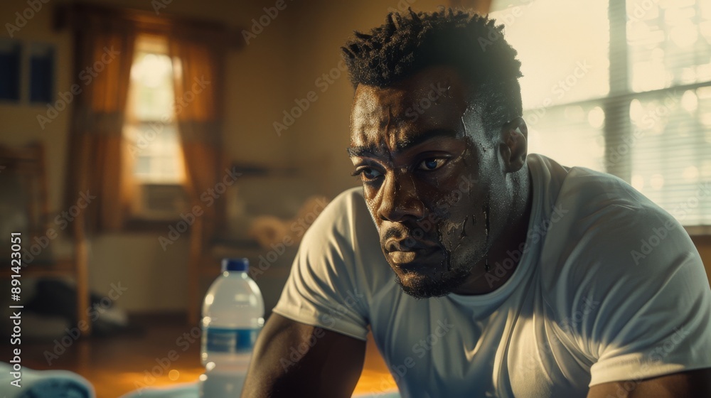 Intense Workout Determination - Multiracial Man Sweating Indoors During Fitness Routine. Generative ai Intense Workout Determination - Multiracial Man Sweating Indoors During Fitness Routine. Generative ai