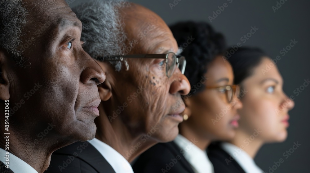 Side Profile of Diverse Male and Female Professionals in a Row on Gray Background. Generative ai Side Profile of Diverse Male and Female Professionals in a Row on Gray Background. Generative ai