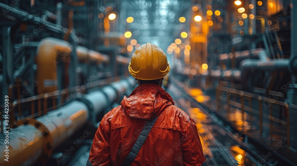 Inspector conducting a safety audit, examining ladder safety and usage in an industrial setting Inspector conducting a safety audit, examining ladder safety and usage in an industrial setting