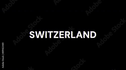 Switzerland text with screen effects of technological failures. Spectacular screen glitch with various kinds of interference. Looped

