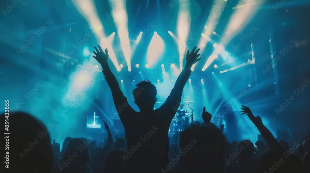 electrifying concert scene silhouetted crowd with arms raised dazzling neon light show conveying energy and unity of live music experience electrifying concert scene silhouetted crowd with arms raised dazzling neon light show conveying energy and unity of live music experience