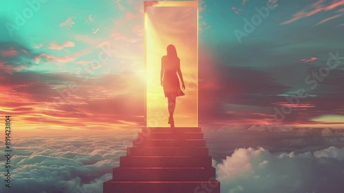 Businesswoman walking up staircase to door in sky