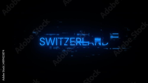 Switzerland text with screen effects of technological failures. Spectacular screen glitch with various kinds of interference. Looped

