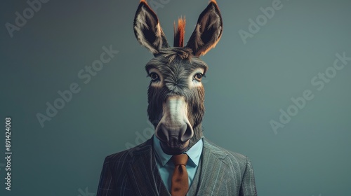 Donkey dressed in an elegant modern suit with a nice tie. Fashion portrait of an anthropomorphic animal, shooted in a charismatic human attitude