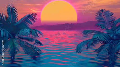 Fototapeta Naklejka Na Ścianę i Meble -  Palm trees frame a vibrant sunset over a tropical sea.