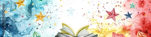 Watercolor illustration, books, origami, stars, dreamy colors, space sky background, education banner.