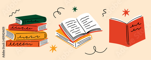 Set of various books, a stack of books vector illustration stickers in cartoon groovy funky retro style. Read more books, World Book Day design concept flat modern education elements, Back to school