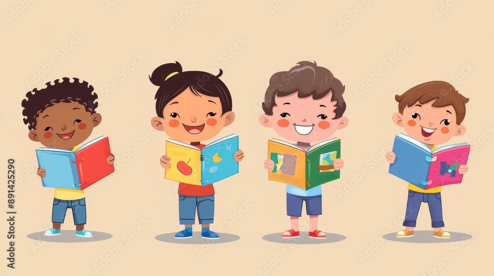 Happy children holding books on a light background. School concept. Cartoon illustration Happy children holding books on a light background. School concept. Cartoon illustration
