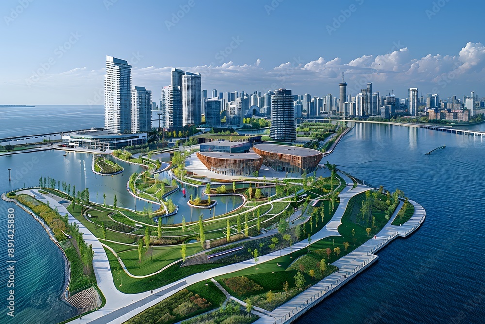 Fototapeta premium Aerial View of a Modern Waterfront Park Surrounded by Skyscrapers